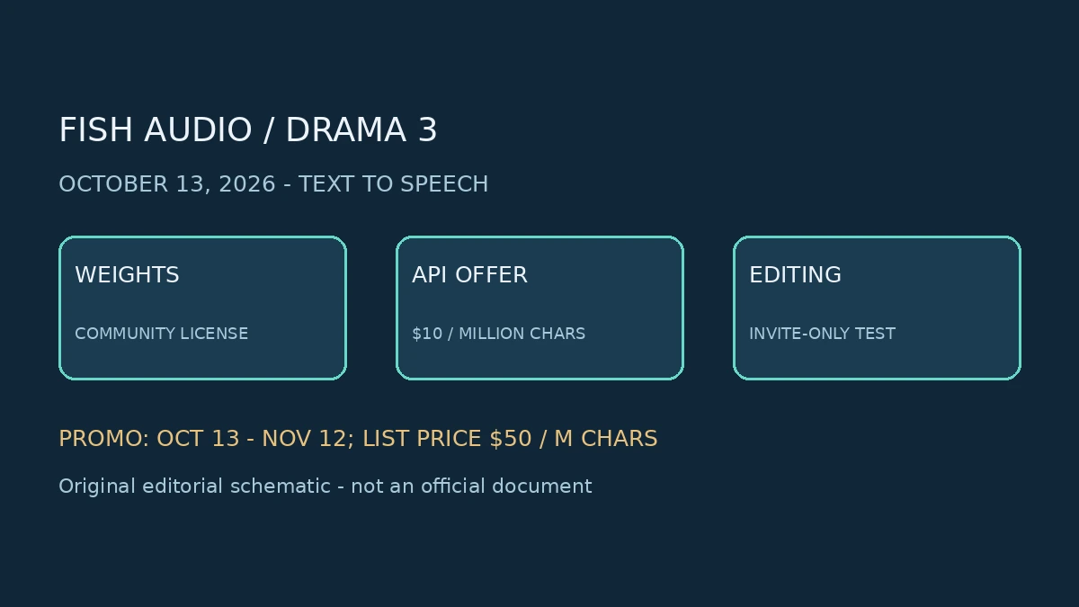 תרשים מקורי: Fish Audio השיקה את Drama 3: בימוי קולי עם משקולות פתוחות, לא רישיון חופשי לכל שימוש; אינו צילום או מסמך רשמי