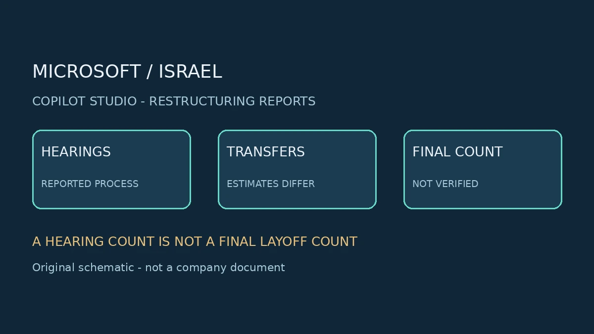 איור סכמטי מקורי על דיווחים: שינוי ארגוני בצוות Copilot Studio בישראל; מספר המפוטרים עדיין לא סופי; אינו צילום או הודעה רשמית